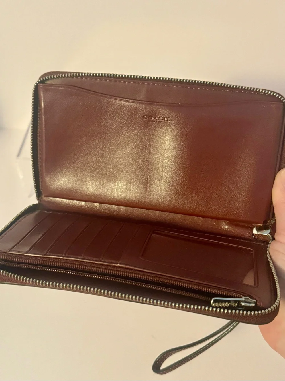 #302 Coach Glitter Signature Large Accordion Zip Around Phone Wristlet Wallet